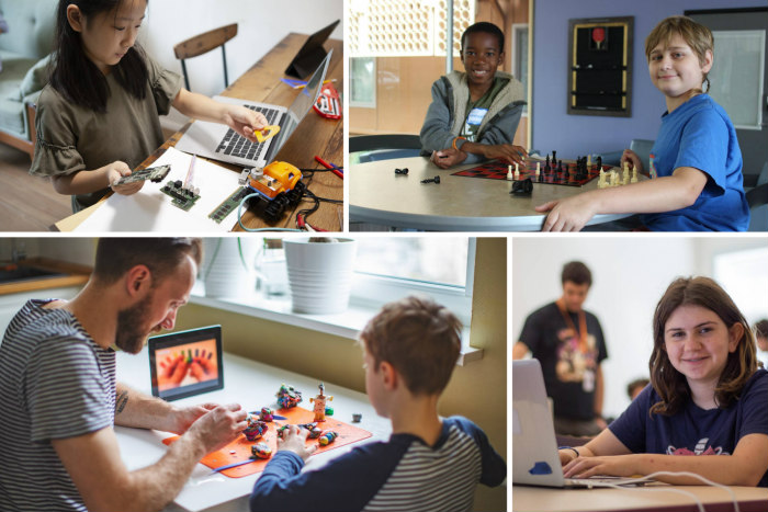 Collage of four images of kids doing various activities in front of a computer like chess and crafts