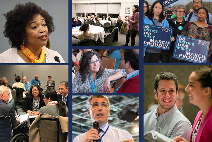 Collage of people meeting and speaking