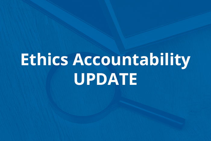 Image of magnifying glass and books with the words Ethics Accountability Update