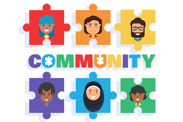 a graphic image of 6 colorful puzzle pieces, each with an image of a person of different backgrounds, in the middle the word "community" in different colors