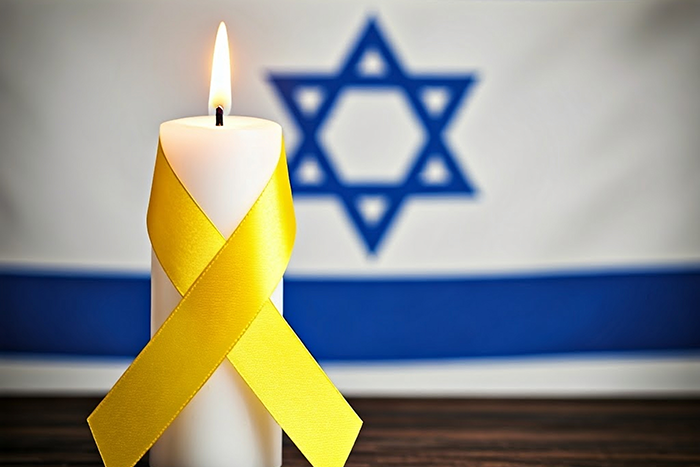 A yellow ribbon wrapped around a candle in front of the Israeli flag