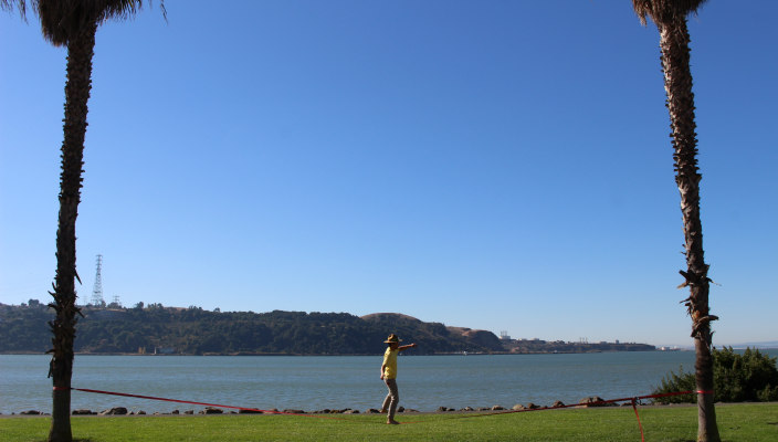 Man slacklining between two palm trees on green grass in view of the ocean 