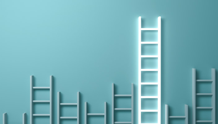 Blue background with image of small blue ladders and one large white ladder