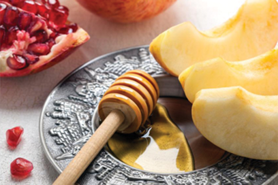 an image of  three pieces of a cut up apple on a plate sitting in honey