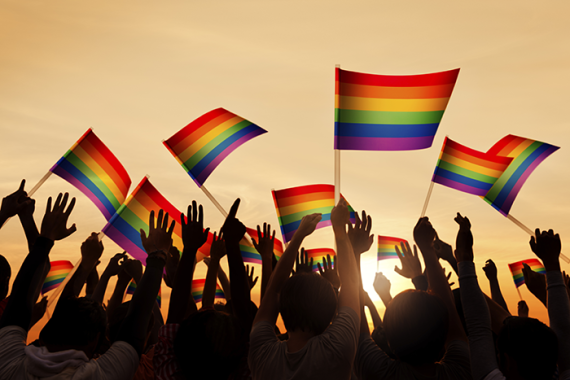 an image of a group of people standing holding pride flags above their heads