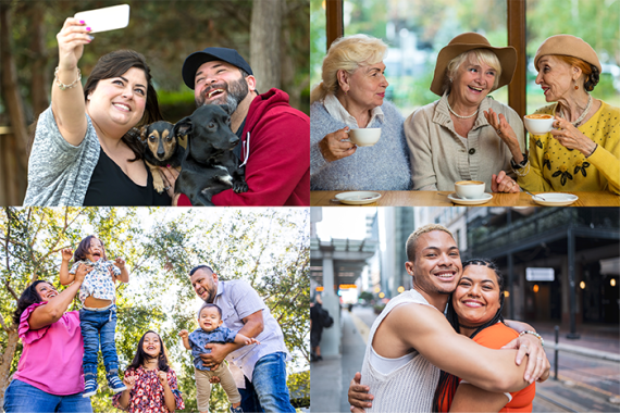 Photo collage of four different groups of people; a couple with two dogs taking a selfie, three older women drinking coffee, a family of 5 with three small kids, and two people hugging