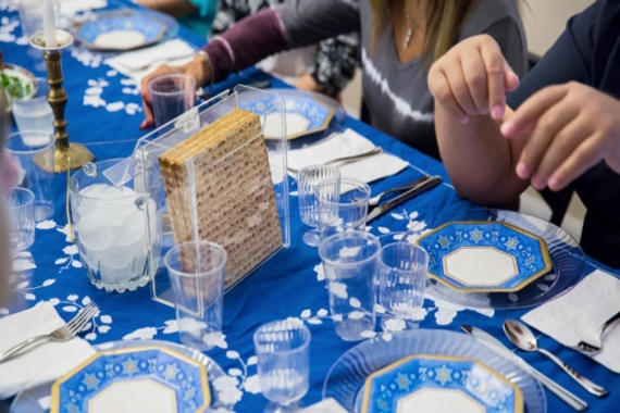 Passover Seder with Blue Tablecloth