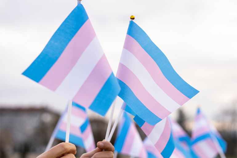 Photo of multiple blue, pink and white stripped flags in the air