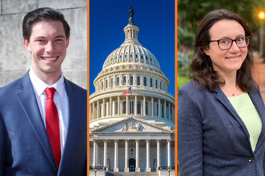 Current RAC Legislative assistants headshots in three vertical panels with the US Capitol building between the two