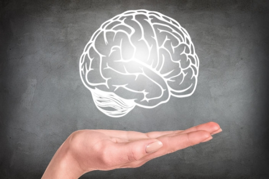 Hand in front of a chalkboard seemingly holding a floating outline of a brain 