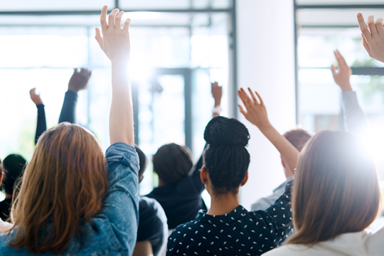 People with raised hands voting