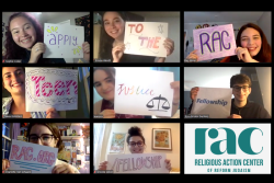 Teens on a zoom call holding up signs that say Apply to the RAC Teen Justice Fellowship