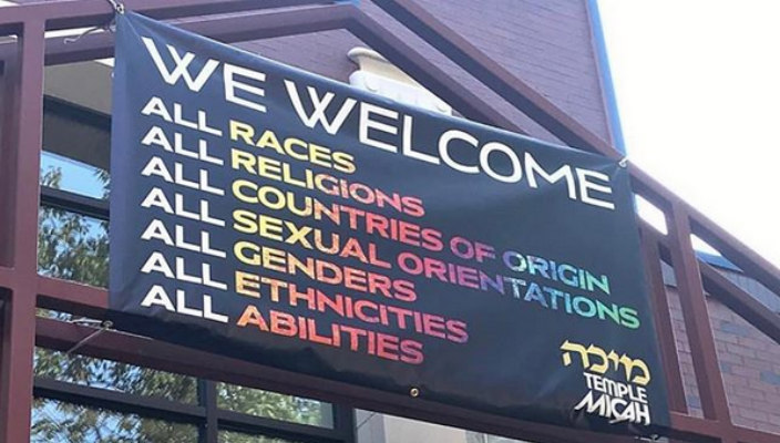 Sign outside Washington, D.C.'s Temple Micah that welcomes all races, religions, sexual orientations, countries of origin, genders, ethnicities, and abilities